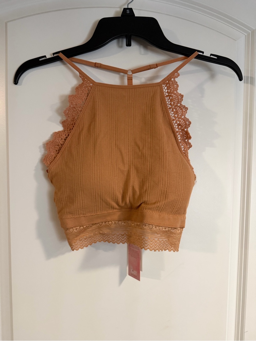 Ribbed Lace-Trim Crop Bralette in Tan